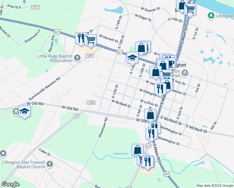map of restaurants, bars, coffee shops, grocery stores, and more near 1201 South 12th Street in Lillington