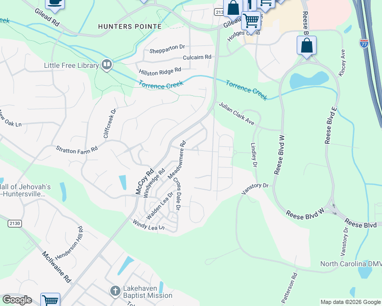 map of restaurants, bars, coffee shops, grocery stores, and more near 13324 Craig Mill Lane in Huntersville