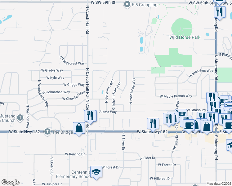map of restaurants, bars, coffee shops, grocery stores, and more near 418 Chisholm Trail Way in Mustang