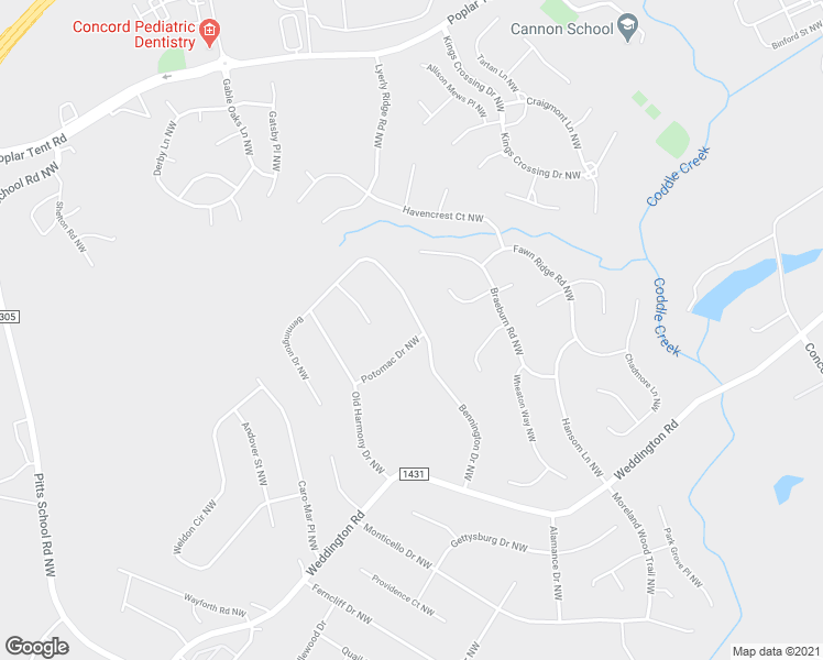 map of restaurants, bars, coffee shops, grocery stores, and more near 1301 Bennington Drive Northwest in Concord