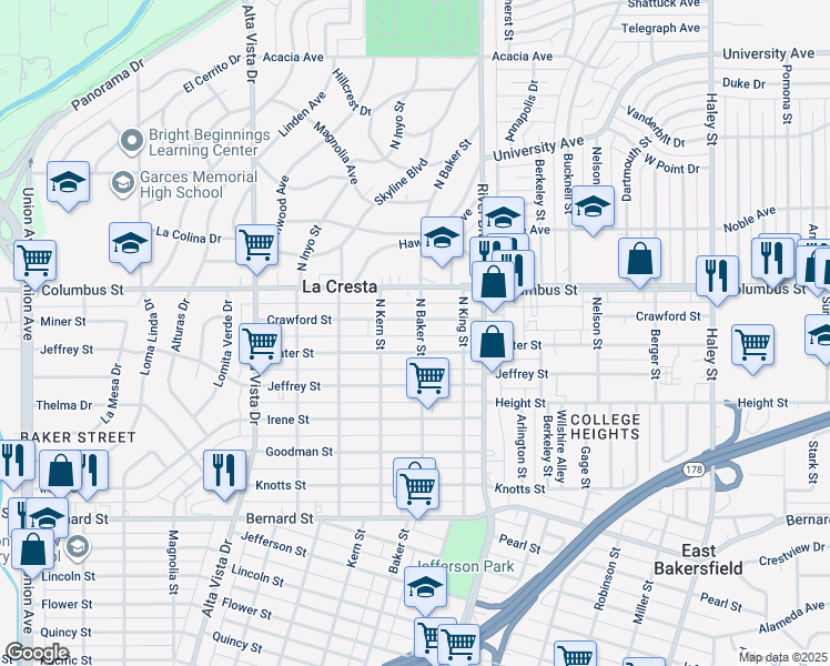 map of restaurants, bars, coffee shops, grocery stores, and more near 2512 North Baker Street in Bakersfield