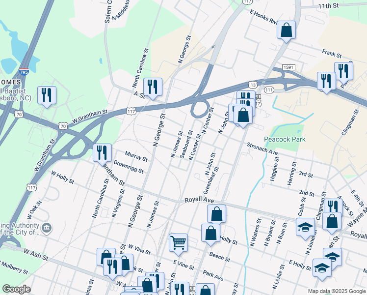 map of restaurants, bars, coffee shops, grocery stores, and more near 915 Seaboard Street in Goldsboro