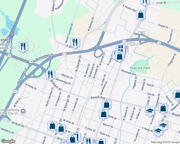 map of restaurants, bars, coffee shops, grocery stores, and more near 915 Seaboard Street in Goldsboro