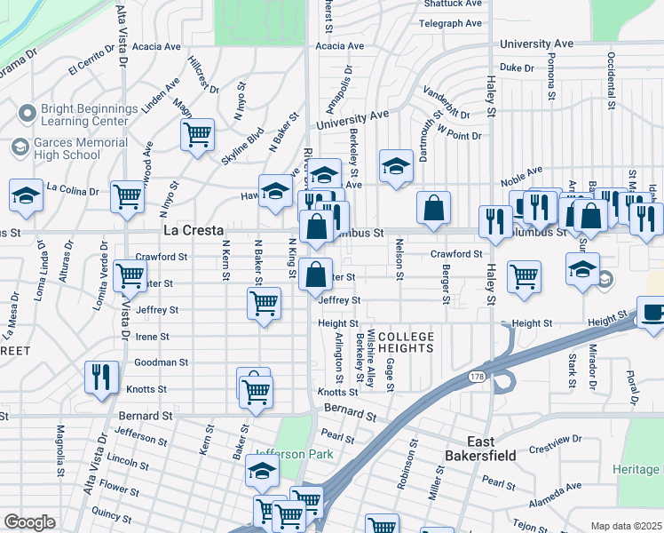 map of restaurants, bars, coffee shops, grocery stores, and more near 905 Water Street in Bakersfield