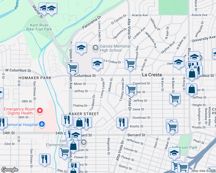 map of restaurants, bars, coffee shops, grocery stores, and more near 201 Jeffrey Street in Bakersfield