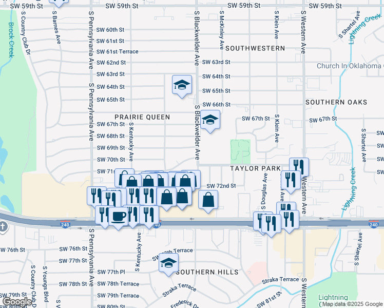 map of restaurants, bars, coffee shops, grocery stores, and more near 1300 Southwest 71st Street in Oklahoma City