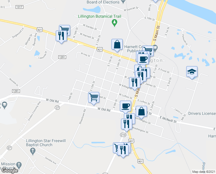 map of restaurants, bars, coffee shops, grocery stores, and more near 1110 South 10th Street in Lillington