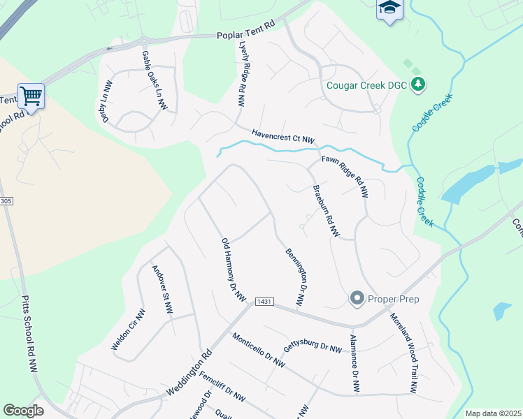 map of restaurants, bars, coffee shops, grocery stores, and more near 1301 Bennington Drive Northwest in Concord
