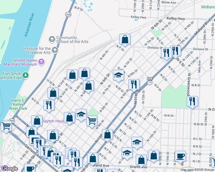 map of restaurants, bars, coffee shops, grocery stores, and more near 1205 North 7th Street in Fort Smith