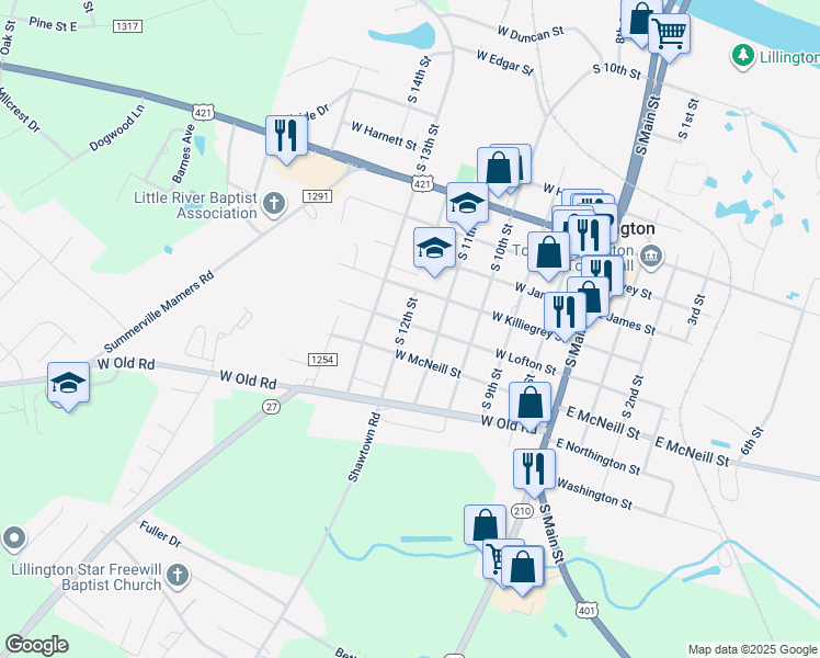 map of restaurants, bars, coffee shops, grocery stores, and more near 1201 South 12th Street in Lillington