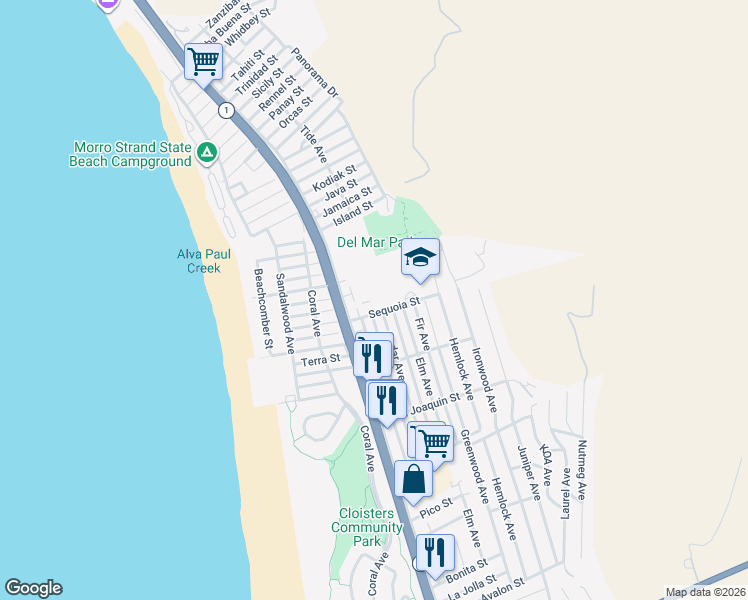 map of restaurants, bars, coffee shops, grocery stores, and more near 391 Sequoia Street in Morro Bay
