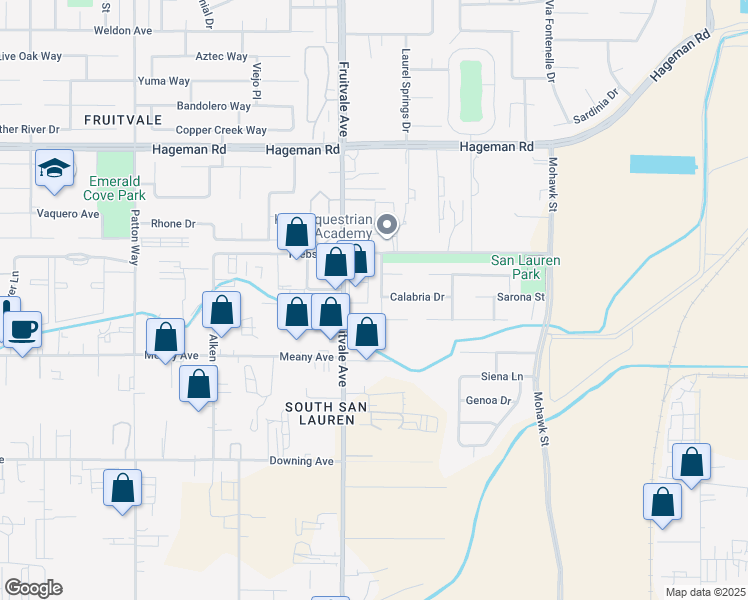 map of restaurants, bars, coffee shops, grocery stores, and more near 3903 Pescara Street in Bakersfield