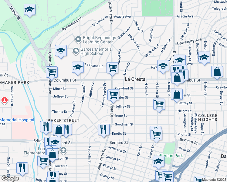 map of restaurants, bars, coffee shops, grocery stores, and more near 310 Water Street in Bakersfield
