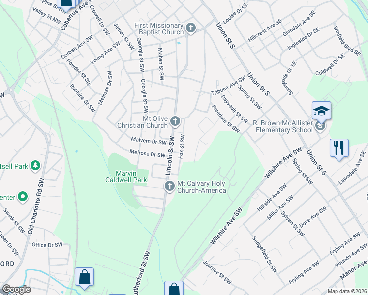 map of restaurants, bars, coffee shops, grocery stores, and more near 363 Fox Street Southwest in Concord