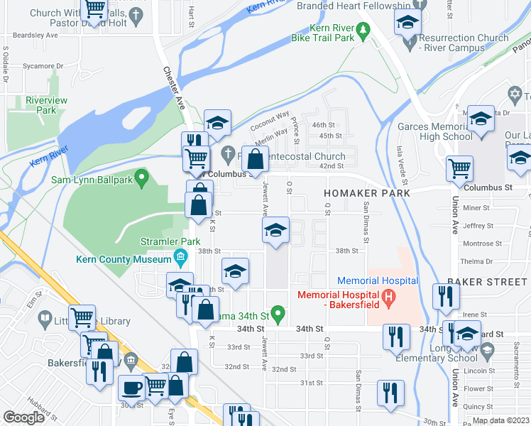 map of restaurants, bars, coffee shops, grocery stores, and more near Jewett Ave & 40th St in Bakersfield