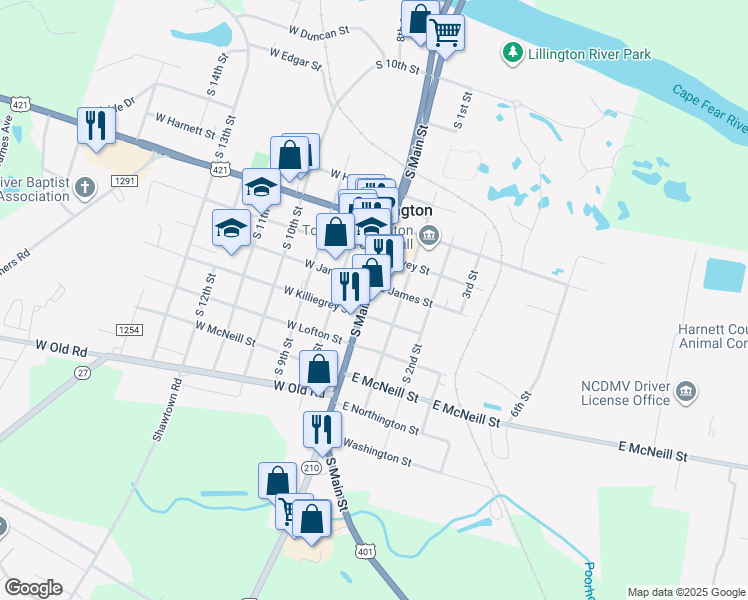 map of restaurants, bars, coffee shops, grocery stores, and more near 1101 South Main Street in Lillington