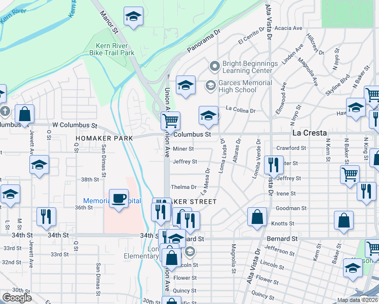 map of restaurants, bars, coffee shops, grocery stores, and more near 2 Miner Street in Bakersfield