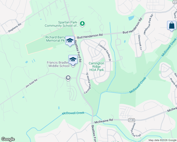 map of restaurants, bars, coffee shops, grocery stores, and more near 6919 Carrington Pointe Drive in Huntersville
