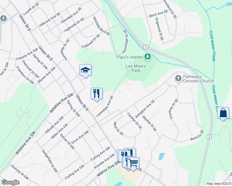 map of restaurants, bars, coffee shops, grocery stores, and more near 78 Lawndale Avenue Southeast in Concord