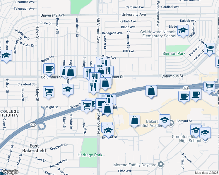 map of restaurants, bars, coffee shops, grocery stores, and more near 2677 Mount Vernon Avenue in Bakersfield