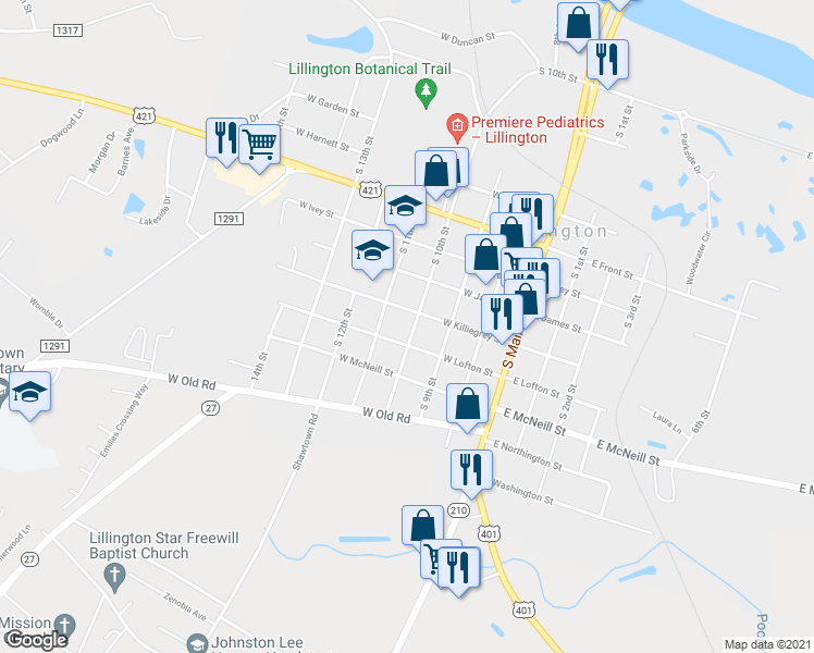 map of restaurants, bars, coffee shops, grocery stores, and more near 1106 South 10th Street in Lillington