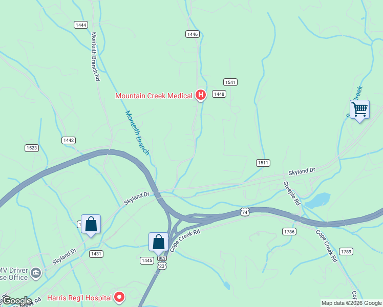 map of restaurants, bars, coffee shops, grocery stores, and more near 231 Fisher Creek Road in Sylva