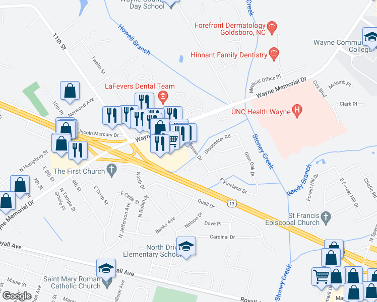map of restaurants, bars, coffee shops, grocery stores, and more near 106 East Lockhaven Drive in Goldsboro