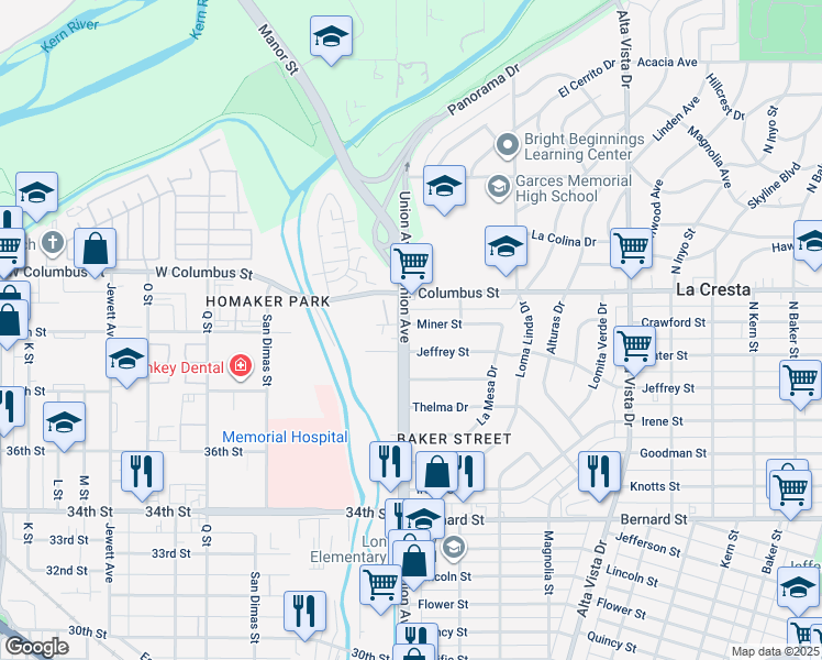 map of restaurants, bars, coffee shops, grocery stores, and more near 1 Miner Street in Bakersfield