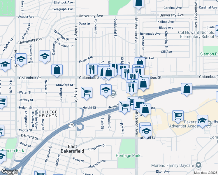 map of restaurants, bars, coffee shops, grocery stores, and more near 2663 Sunny Lane in Bakersfield