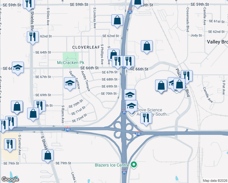 map of restaurants, bars, coffee shops, grocery stores, and more near 905 Southeast 69th Street in Oklahoma City