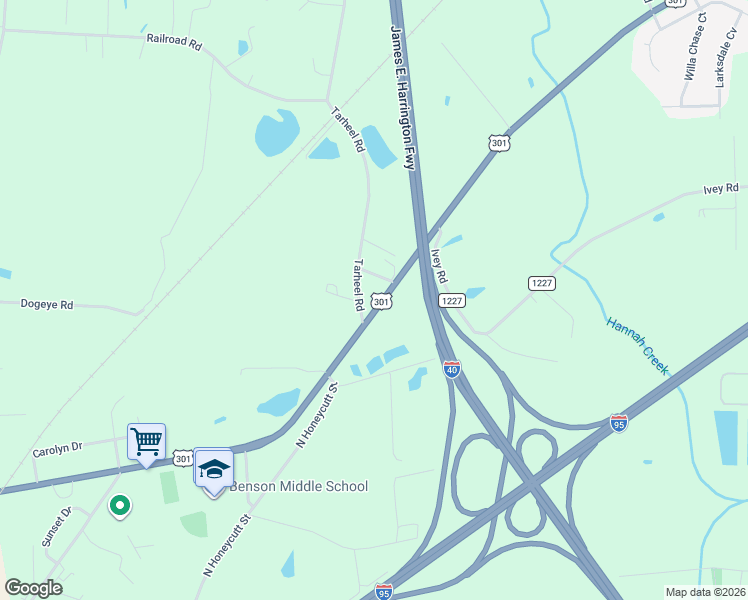 map of restaurants, bars, coffee shops, grocery stores, and more near 11754 U.S. 301 in Benson