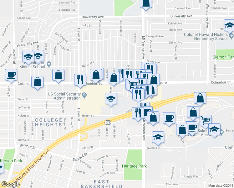 map of restaurants, bars, coffee shops, grocery stores, and more near 1919 Columbus Street in Bakersfield