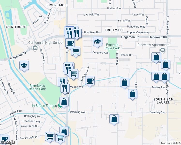 map of restaurants, bars, coffee shops, grocery stores, and more near 13 Scenic River Lane in Bakersfield