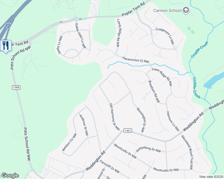 map of restaurants, bars, coffee shops, grocery stores, and more near 1531 Chatham Court Northwest in Concord