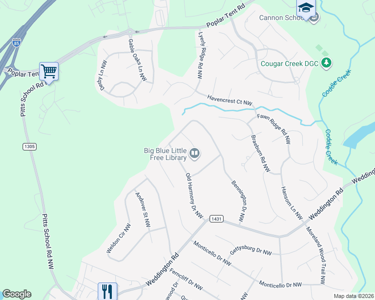 map of restaurants, bars, coffee shops, grocery stores, and more near 1531 Chatham Court Northwest in Concord