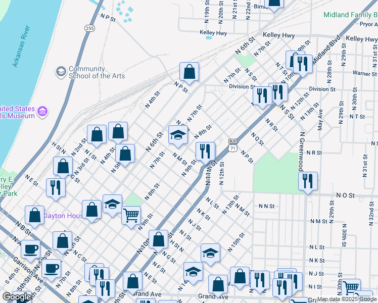 map of restaurants, bars, coffee shops, grocery stores, and more near 723 North N Street in Fort Smith