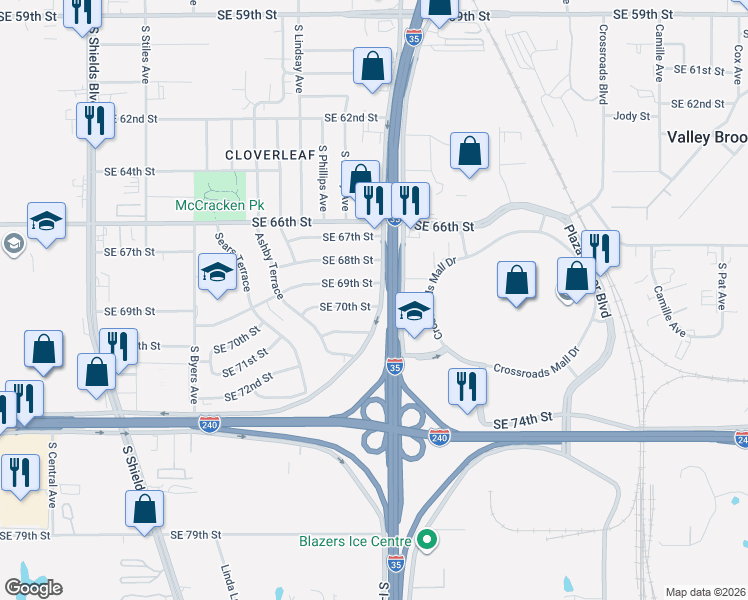 map of restaurants, bars, coffee shops, grocery stores, and more near 929 Southeast 69th Street in Oklahoma City