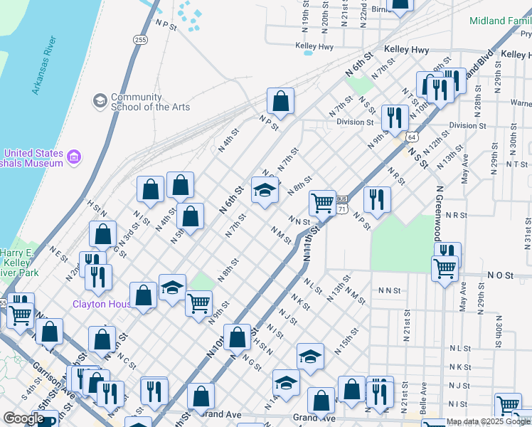 map of restaurants, bars, coffee shops, grocery stores, and more near 1301 North 8th Street in Fort Smith