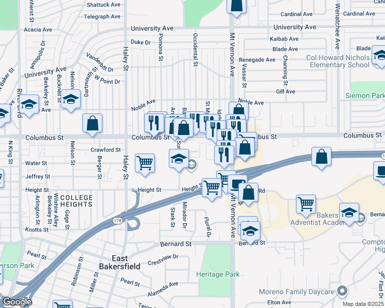 map of restaurants, bars, coffee shops, grocery stores, and more near 2671 Sunny Lane in Bakersfield