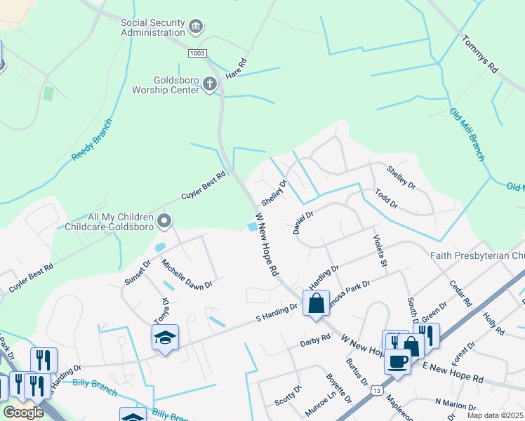map of restaurants, bars, coffee shops, grocery stores, and more near 1107 Shelley Drive in Goldsboro