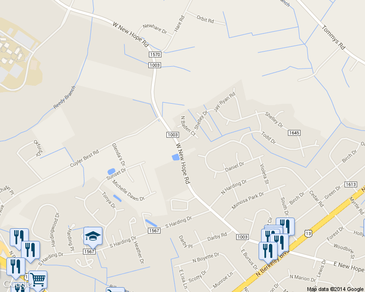map of restaurants, bars, coffee shops, grocery stores, and more near 1107 Shelley Drive in Goldsboro