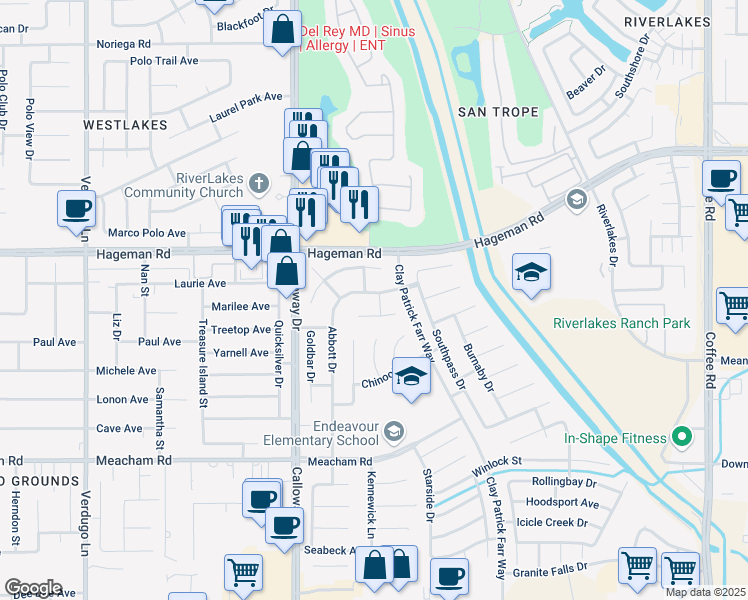 map of restaurants, bars, coffee shops, grocery stores, and more near 4120 Abbott Drive in Bakersfield