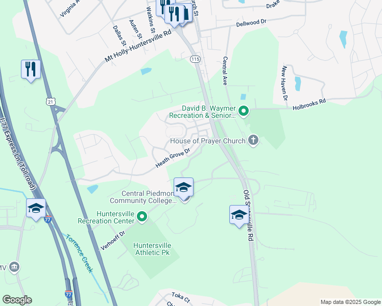 map of restaurants, bars, coffee shops, grocery stores, and more near 13114 Heath Grove Drive in Huntersville