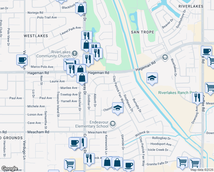 map of restaurants, bars, coffee shops, grocery stores, and more near 4120 Abbott Drive in Bakersfield