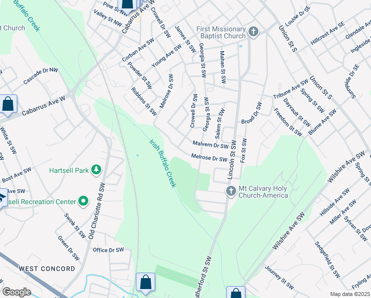 map of restaurants, bars, coffee shops, grocery stores, and more near Melrose Drive Southwest in Concord