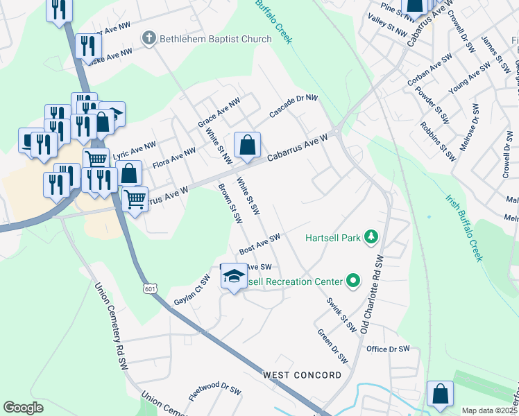 map of restaurants, bars, coffee shops, grocery stores, and more near 57 White Street Southwest in Concord