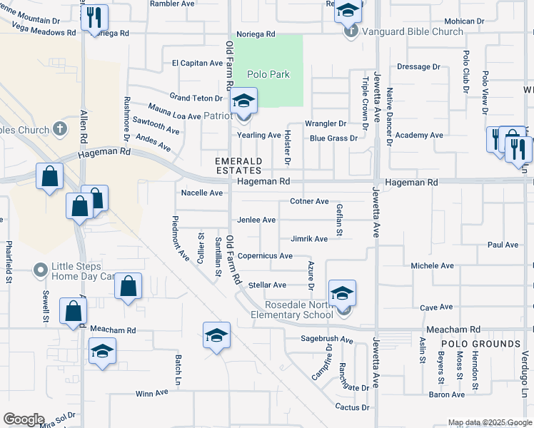 map of restaurants, bars, coffee shops, grocery stores, and more near 11907 Cotner Avenue in Bakersfield