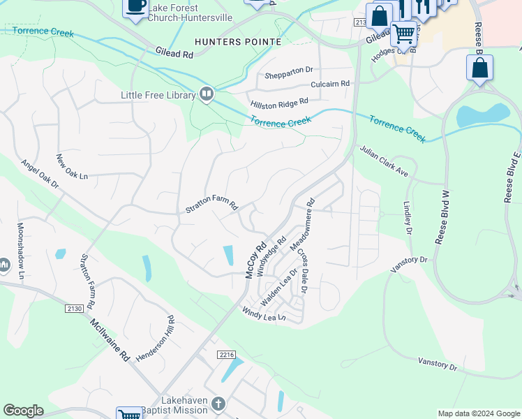 map of restaurants, bars, coffee shops, grocery stores, and more near 9419 Holly Bend Lane in Huntersville
