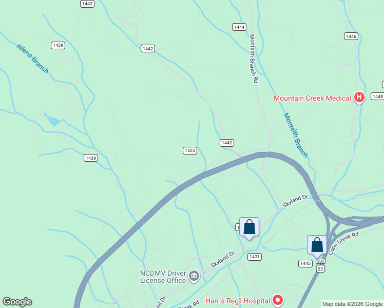 map of restaurants, bars, coffee shops, grocery stores, and more near State Road 1523 in Jackson County