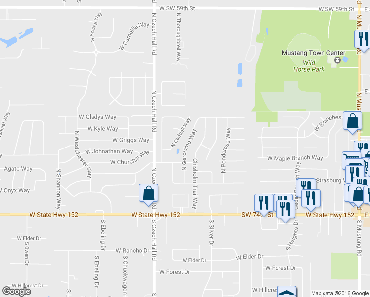map of restaurants, bars, coffee shops, grocery stores, and more near 537 North Geronimo Way in Mustang